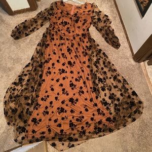 2XL Long, dark orange/brown, sheer floral dress